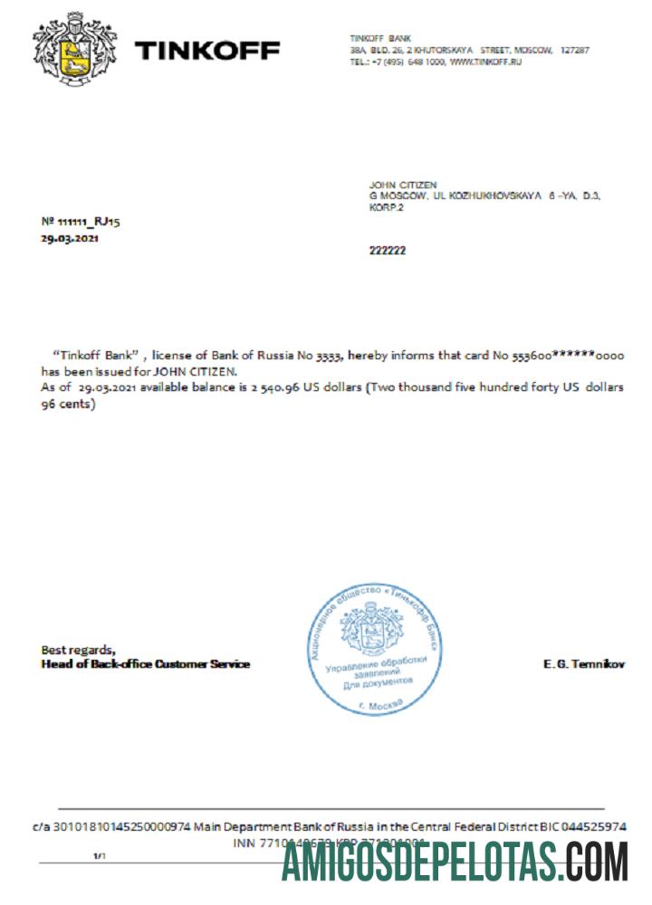 Rússia Tinkoff Referência Usd Em Inglês exemplo real